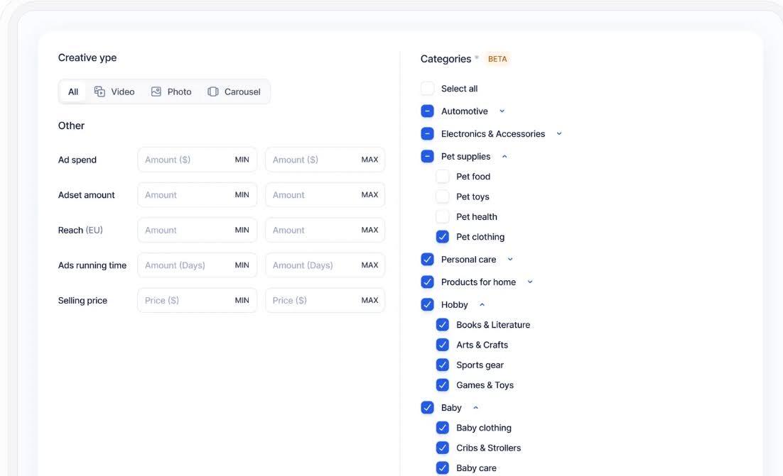 dropship io dashboard filters creative type
