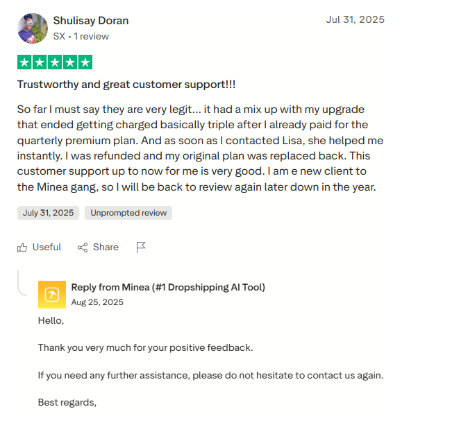 minea-trustpilot-positive-user-review minea trustpilot positive user review