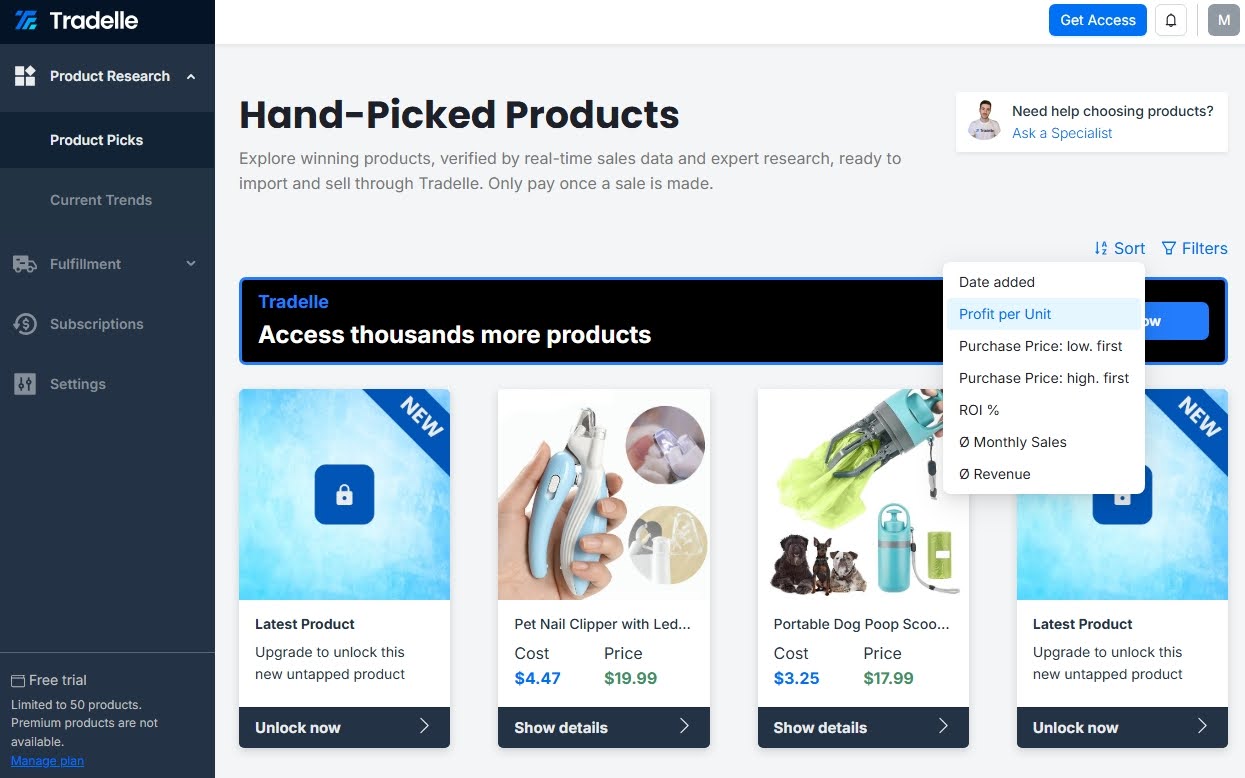 tradelle dashboard products dropshipping
