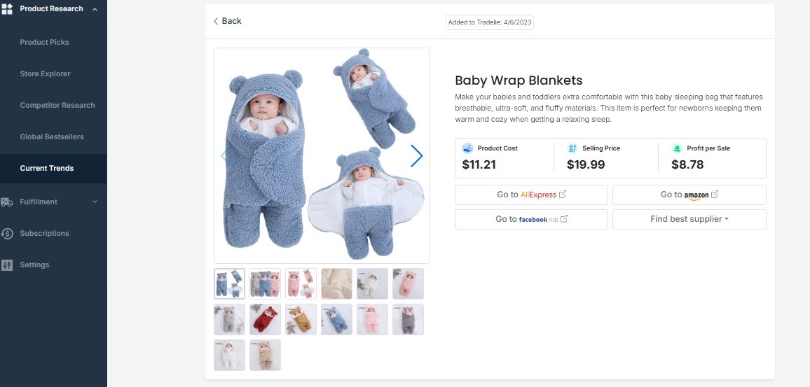 tradelle product research dashboard trends